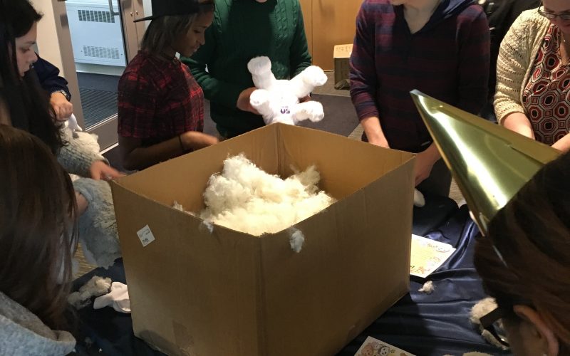 Students building their own stuffed huskies
